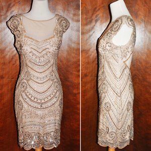 Vintage Adrianna Papell Nude Fully Beaded Gatsby Flapper Dress
